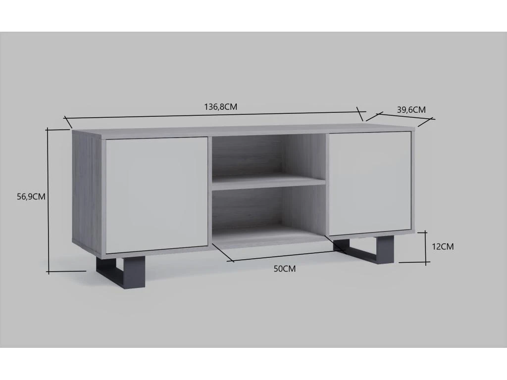 Meuble TV 140 2 Portes, Salon, Modèle WIND, Couleur Chêne-Blanc, 137x40x57cm. – Image 3