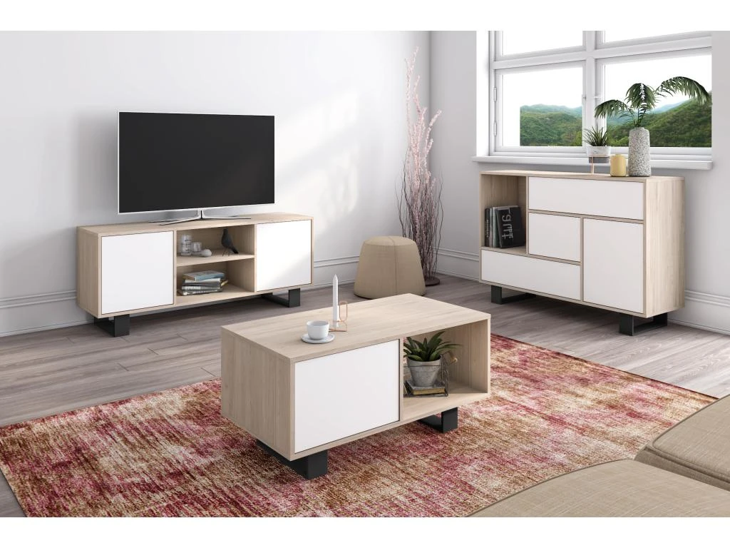 Meuble TV 140 2 Portes, Salon, Modèle WIND, Couleur Chêne-Blanc, 137x40x57cm. – Image 4