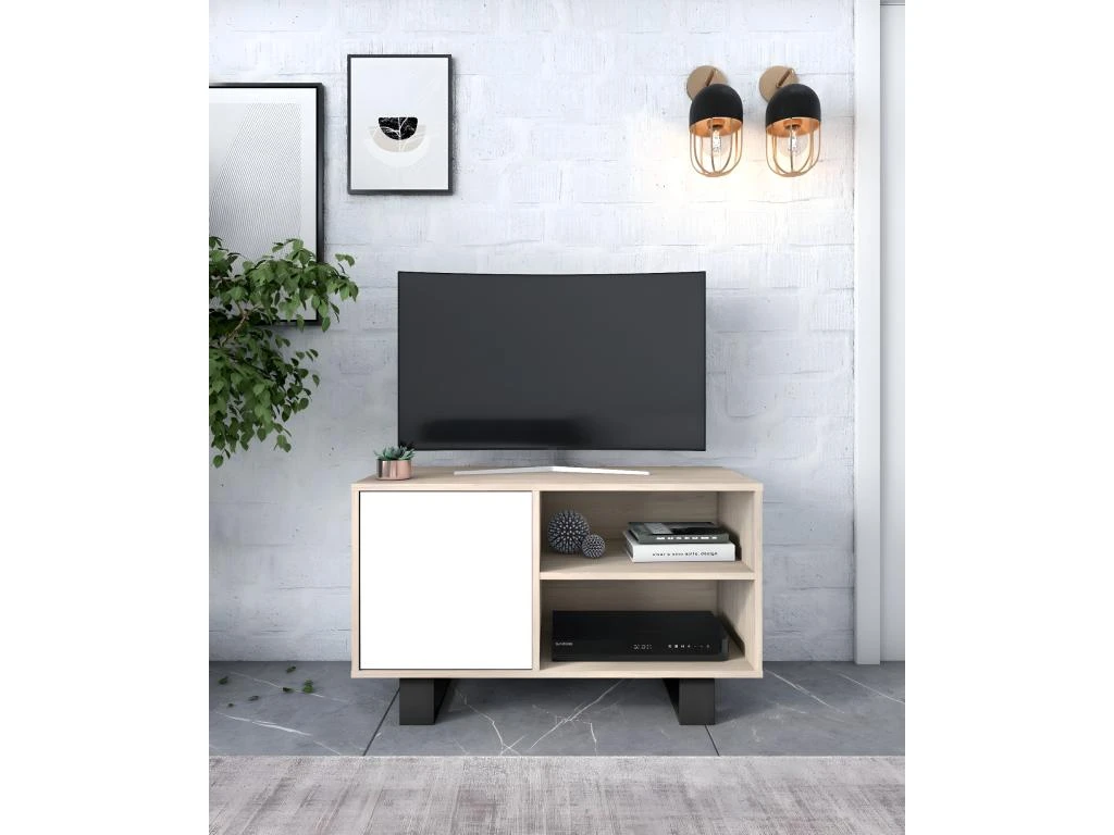 Meuble TV 100 1 Porte, Modèle WIND, Couleur Chêne-Blanche, 95x40x57cm. – Image 2