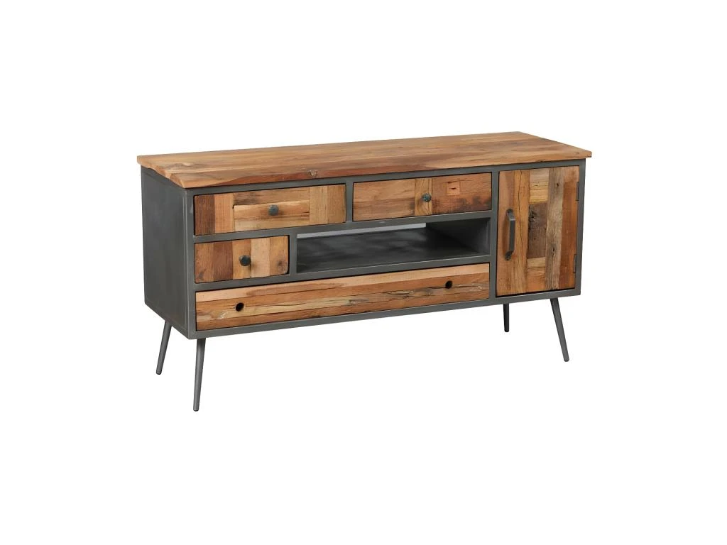 Meuble TV 4 Tiroirs 1 Porte Bois Massif Patchwork - ANZIA