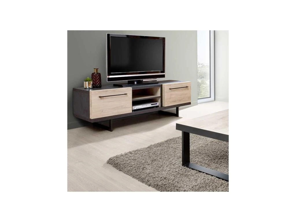 Meuble TV 2 Portes 2 Niches Bois Clair/Béton Ciré - OZALEE – Image 2