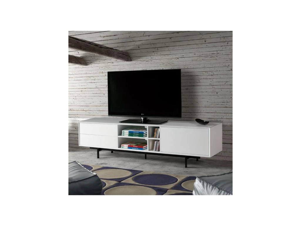 Meuble TV Blanc 2 Tiroirs 1 Porte - TRIBECA – Image 2