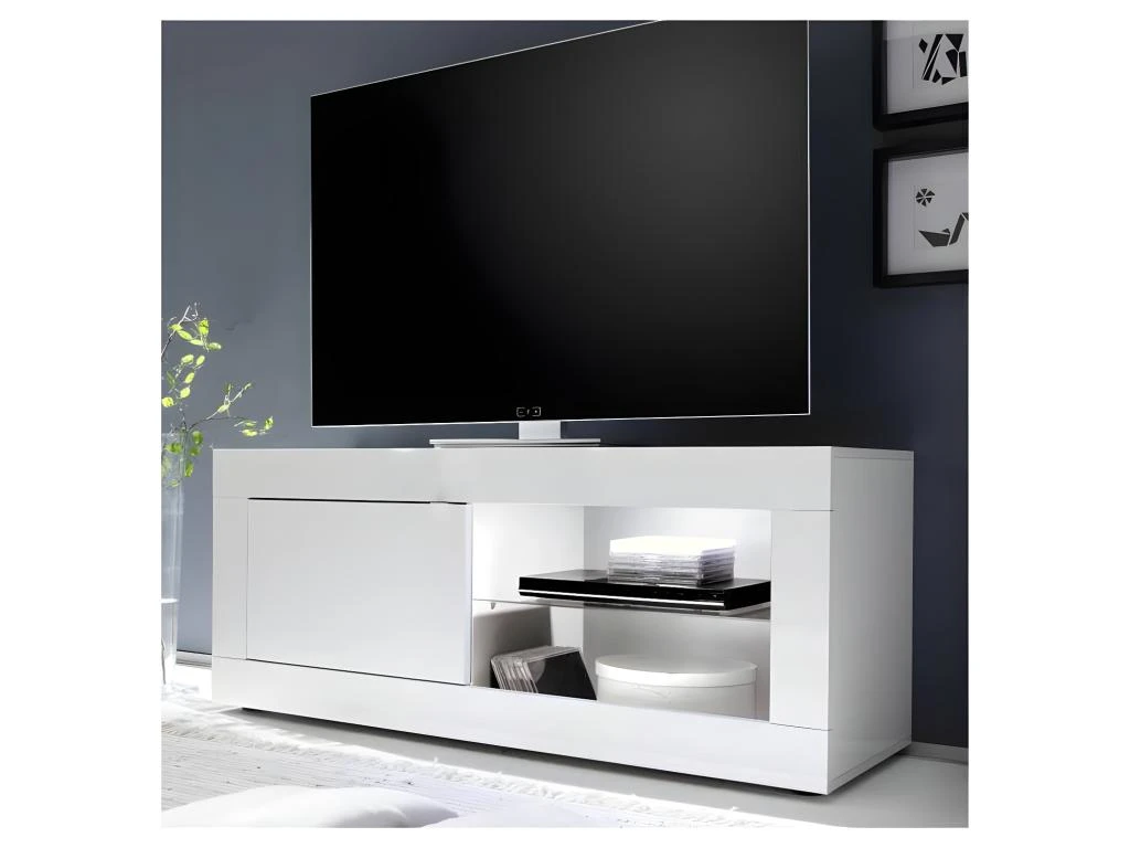 Meuble TV 1 Porte 2 Niches Blanc Laqué Brillant à LEDs Blancs - MATERA