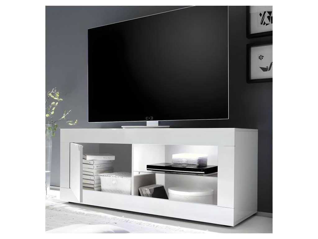 Meuble TV 1 Porte 2 Niches Blanc Laqué Brillant à LEDs Blancs - MATERA – Image 2