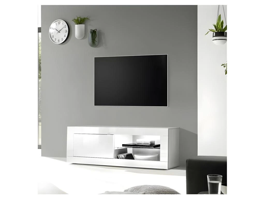 Meuble TV 1 Porte 2 Niches Blanc Laqué Brillant à LEDs Blancs - MATERA – Image 4