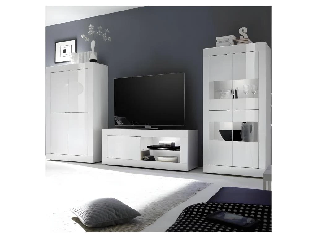 Meuble TV 1 Porte 2 Niches Blanc Laqué Brillant à LEDs Blancs - MATERA – Image 5