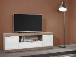 Meuble TV Avec 2 Portes, 1 Tiroir Et 1 Niche - Naturel Et Blanc Laqué - EVOLIA