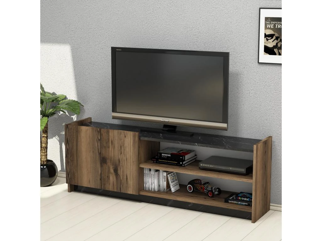 Meuble Tv Niger Design 100 % Panneau De Particules Plaqué Mélaminé En Couleur Foncé Nogal Noir, 141x50x29,5cm – Image 2