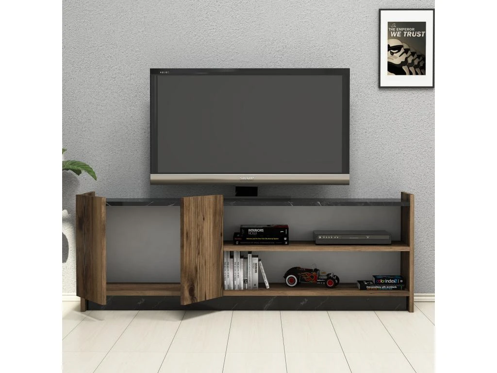 Meuble Tv Niger Design 100 % Panneau De Particules Plaqué Mélaminé En Couleur Foncé Nogal Noir, 141x50x29,5cm – Image 3