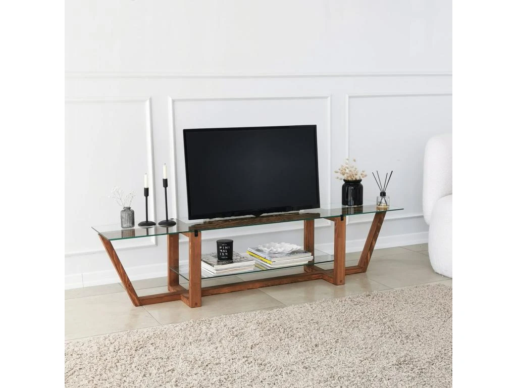 Meuble Tv Rhin Design 100% Verre Trempé En Couleur Nogal, 158x35x35cm – Image 3