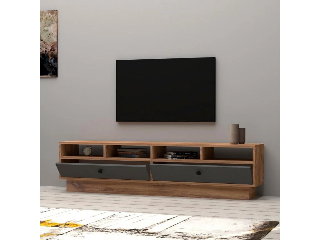 Meuble Tv Elba Design 100 % Panneau De Particules Plaqué Mélaminé En Couleur Atlantic Antracita 160x30x29,6cm – Image 4