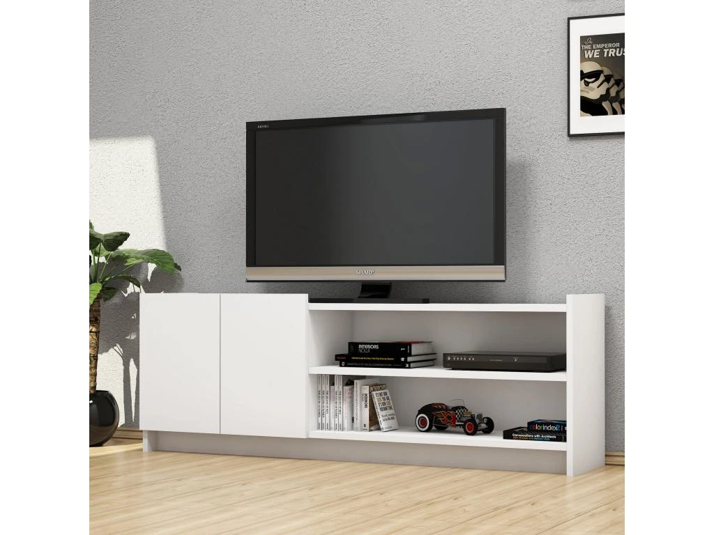 Meuble Tv Niger Design 100 % Panneau De Particules Plaqué Mélaminé En Couleur Blanc, 141x50x29,5cm – Image 2