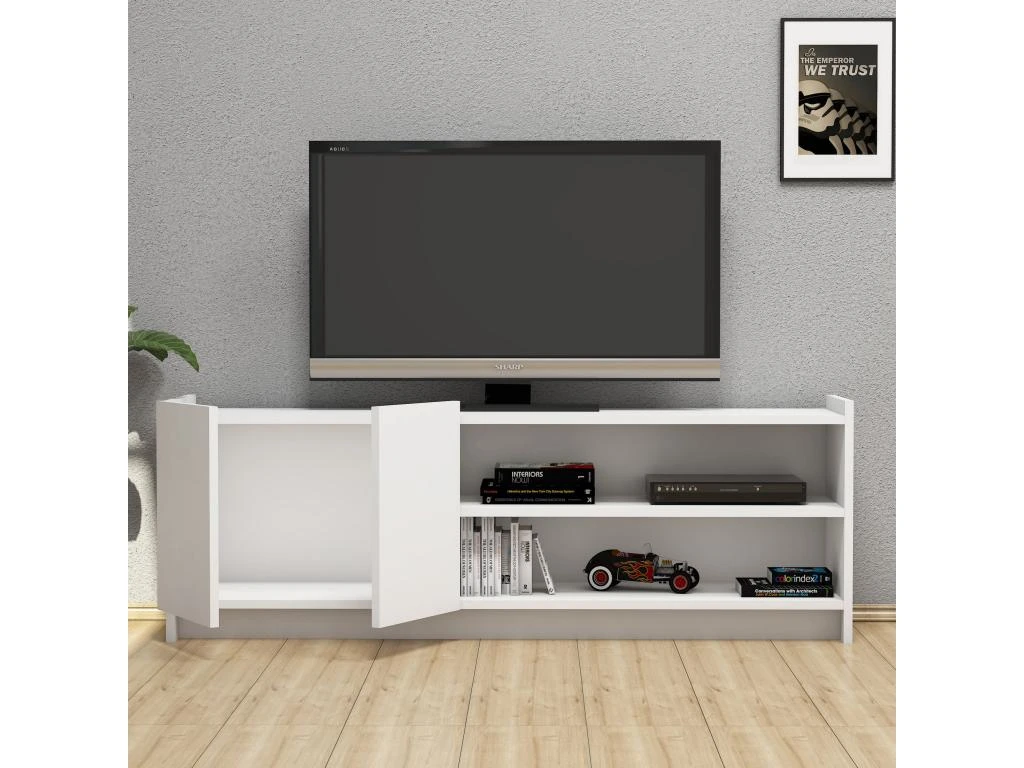 Meuble Tv Niger Design 100 % Panneau De Particules Plaqué Mélaminé En Couleur Blanc, 141x50x29,5cm – Image 3