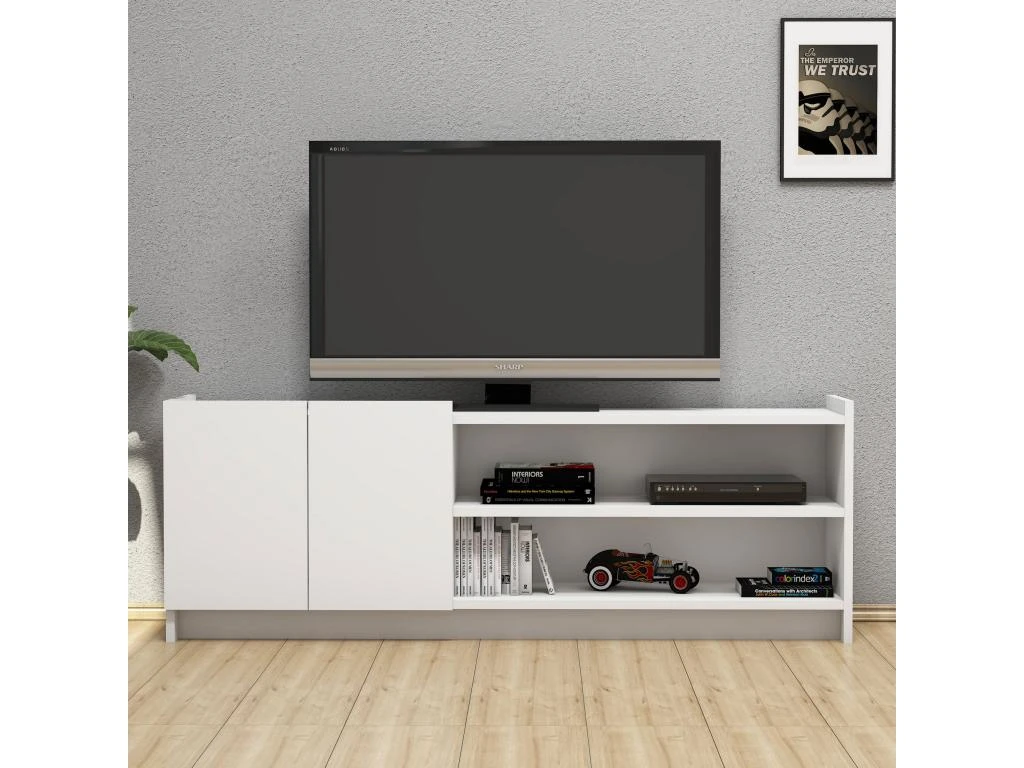 Meuble Tv Niger Design 100 % Panneau De Particules Plaqué Mélaminé En Couleur Blanc, 141x50x29,5cm – Image 4