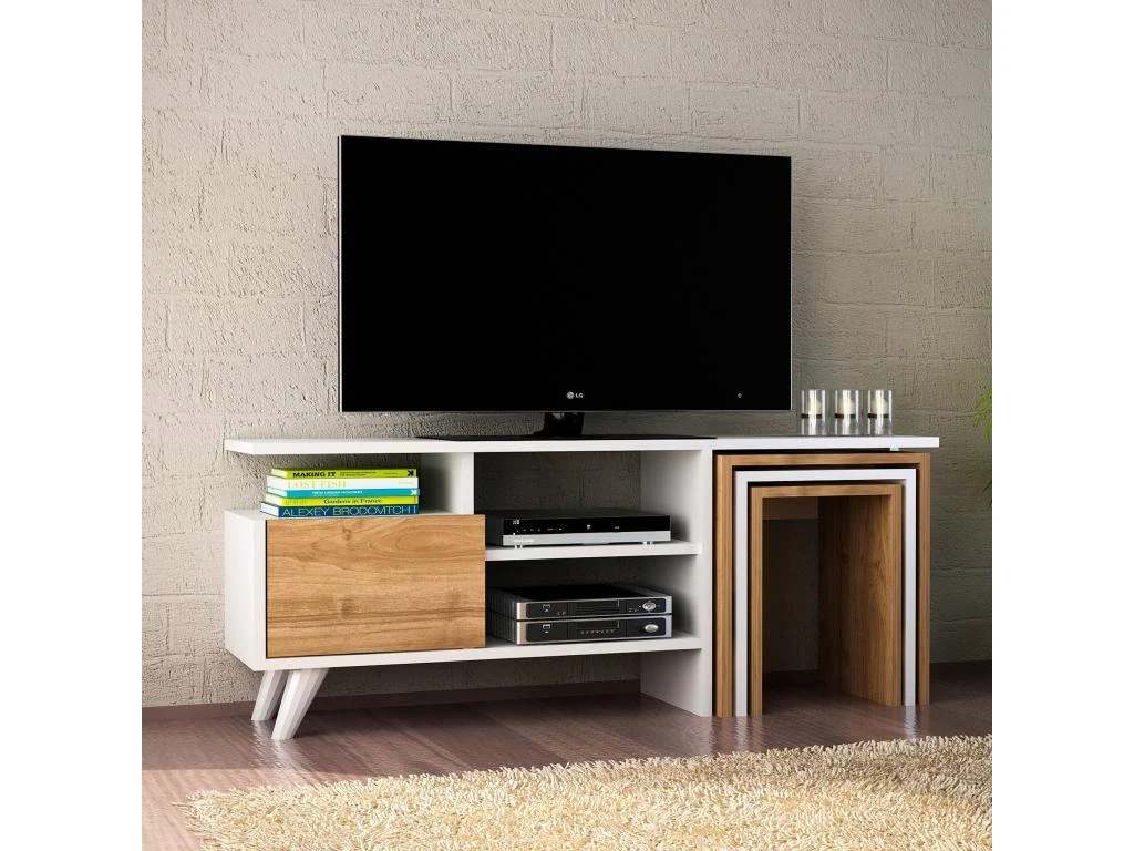 Meuble Tv Sena Design 100 % Panneau De Particules Plaqué Mélaminé En Couleur Blanc Nogal, 120x49x29,5cm – Image 4