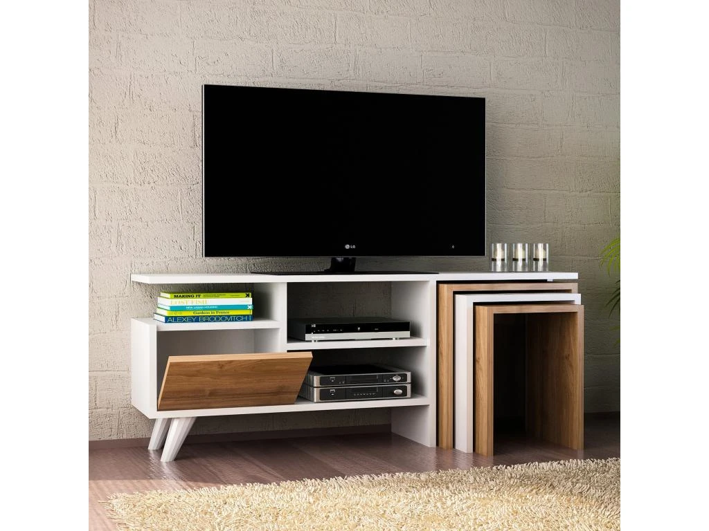 Meuble Tv Sena Design 100 % Panneau De Particules Plaqué Mélaminé En Couleur Blanc Nogal, 120x49x29,5cm – Image 5