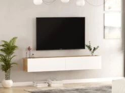 Meuble TV Suspendu Avec 2 Portes - Blanc Et Naturel - AUBEPINA