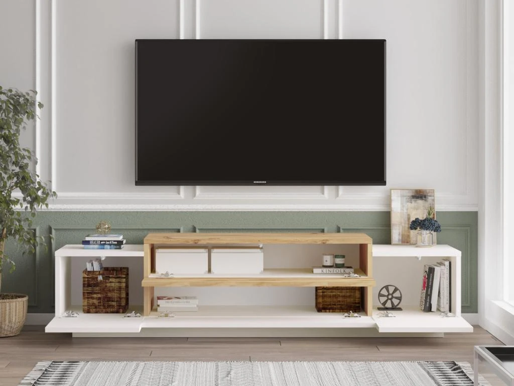 Meuble TV Avec 4 Portes - Blanc Et Naturel - OPHRISA – Image 3
