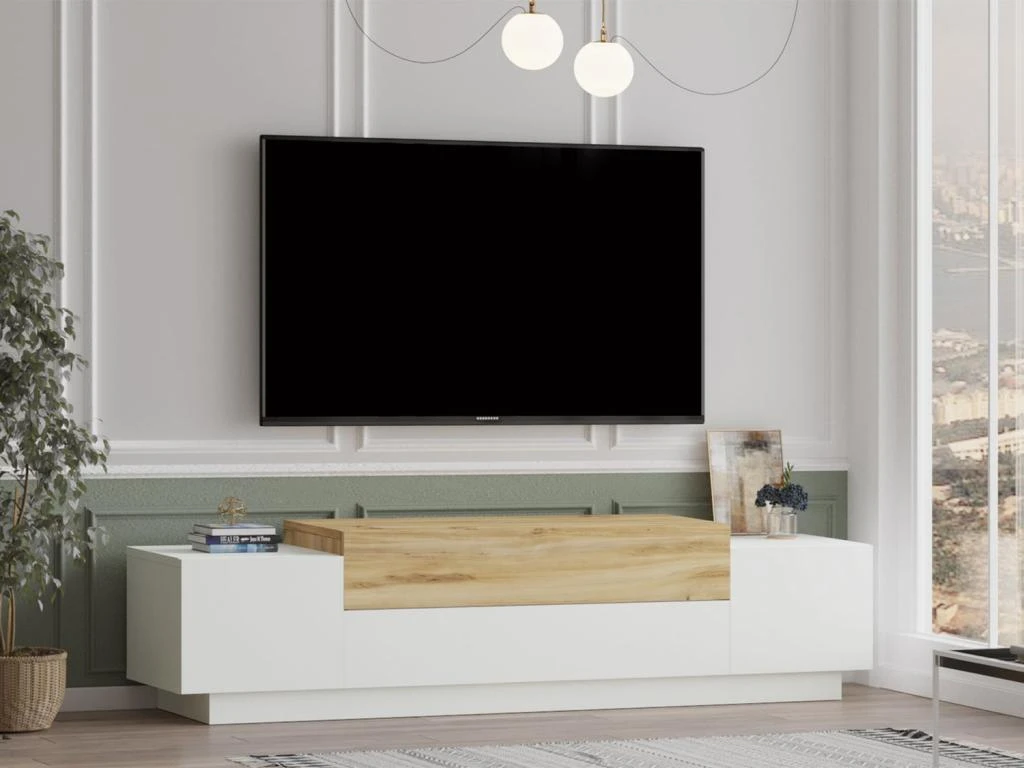 Meuble TV Avec 4 Portes - Blanc Et Naturel - OPHRISA