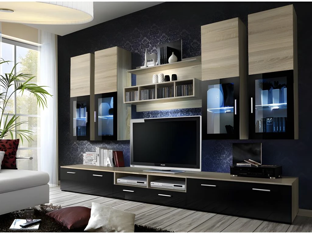 Composition De Meubles TV Design Collection LORA. Coloris Chêne Et Noir.