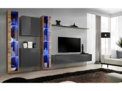 Ensemble Meuble Salon Mural SWITCH XVI Design, Coloris Gris Brillant Et Chêne Wotan.