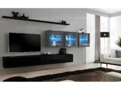 Ensemble Meuble Salon Mural SWITCH XVII Design, Coloris Noir Et Gris Brillant.