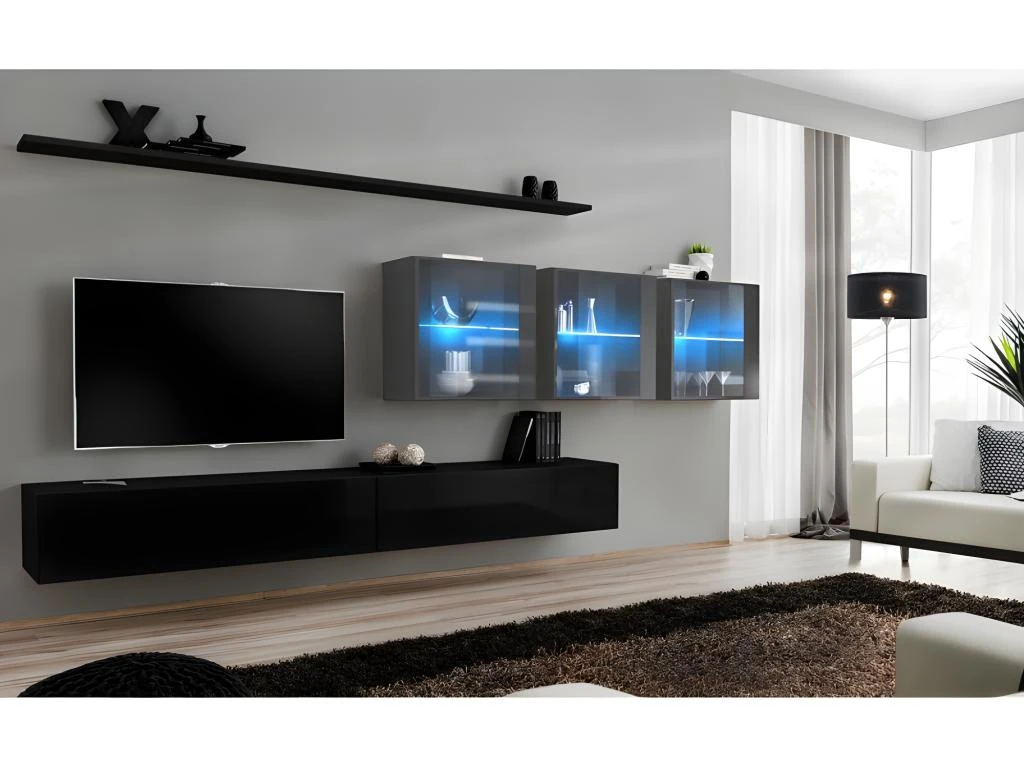 Ensemble Meuble Salon Mural SWITCH XVII Design, Coloris Noir Et Gris Brillant.