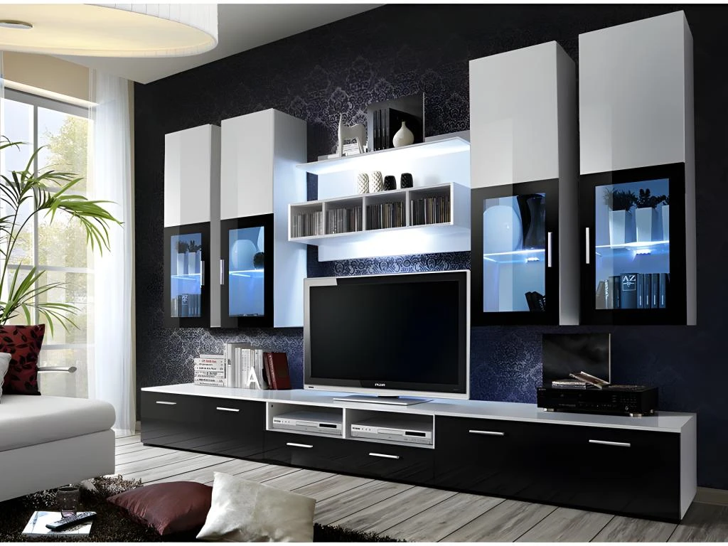 Composition De Meubles TV Design Collection LORA. Coloris Blanc Et Noir.