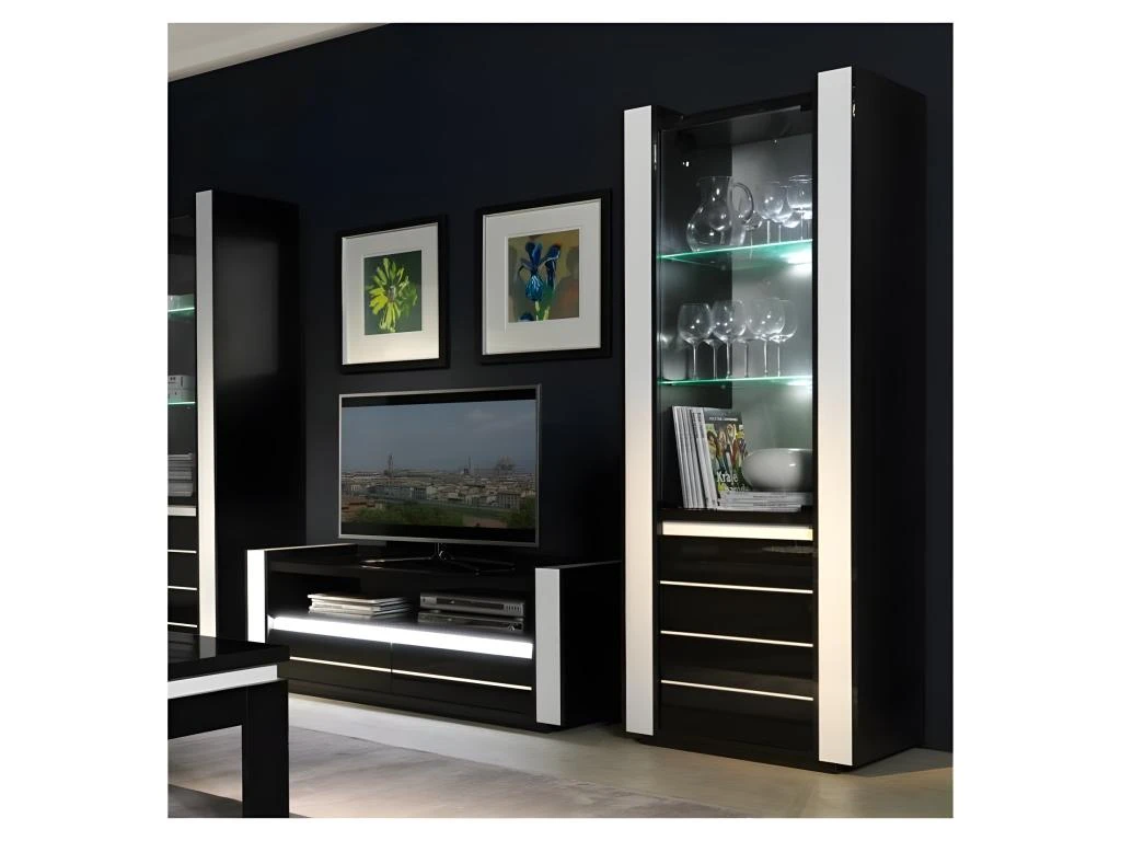 Ensemble Pour Votre Salon LINA. Meuble Tv Hifi + Vitrine Petit Modèle + LED. Meubles Design Haute Brillance