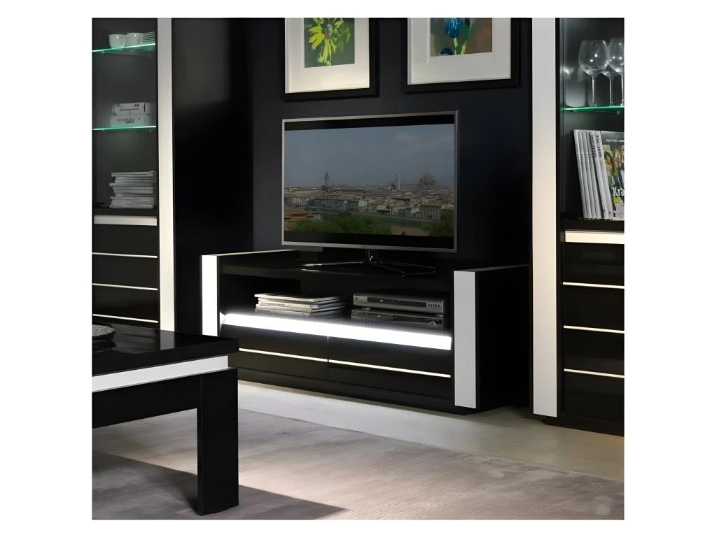 Ensemble Pour Votre Salon LINA. Meuble Tv Hifi + Vitrine Petit Modèle + LED. Meubles Design Haute Brillance – Image 2