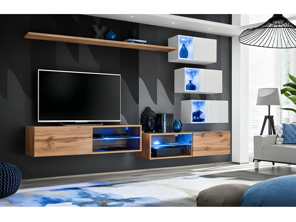 Ensemble Meubles De Salon SWITCH XXIV Design, Coloris Chêne Et Blanc.