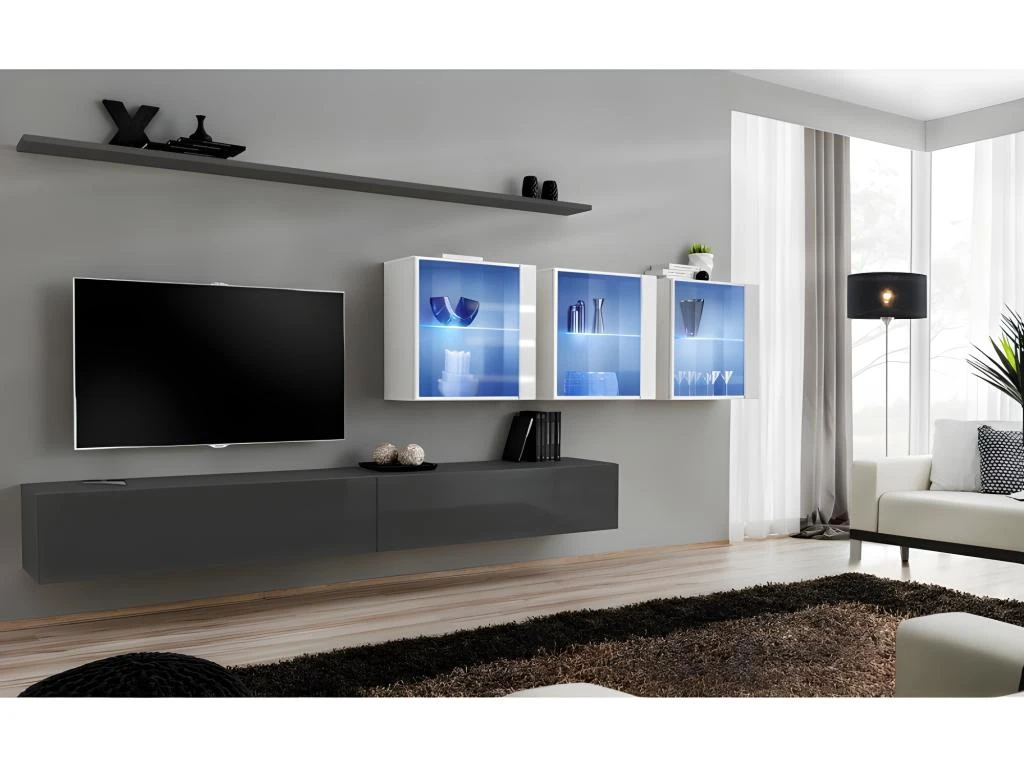 Ensemble Meuble Salon Mural SWITCH XVII Design, Coloris Gris Et Blanc Brillant.