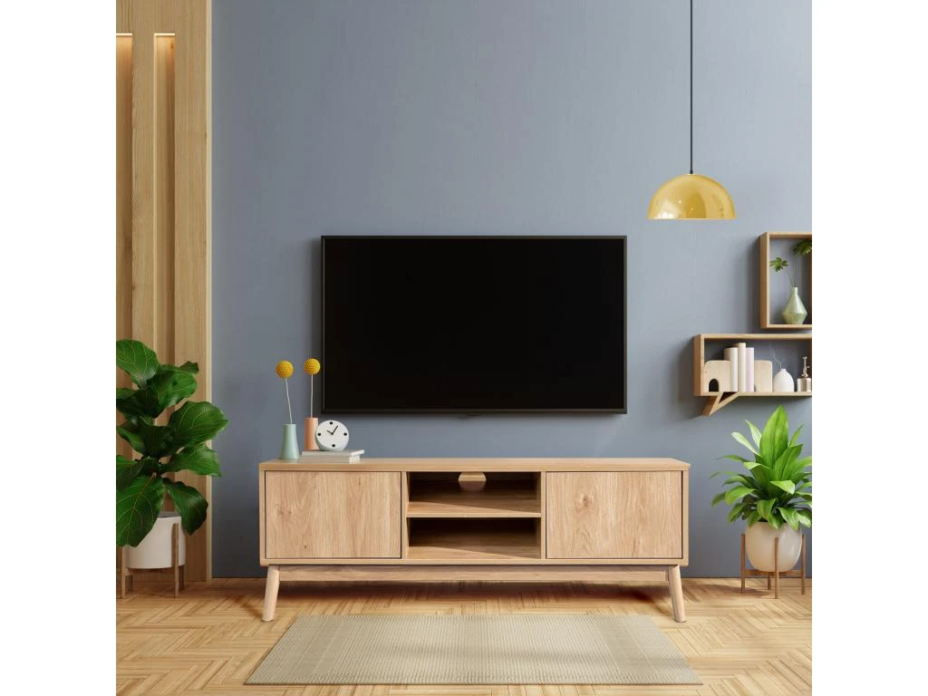 Meuble TV Buffet Bas En Bambou Mdf 2 Portes Étagères Pour Salon