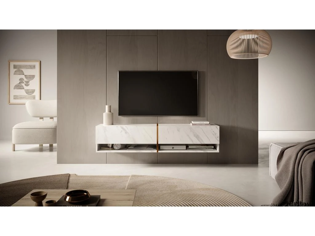 Meuble Tv 140 Cm -marbre Blanc Avec Insert D'or - MIRRGO
