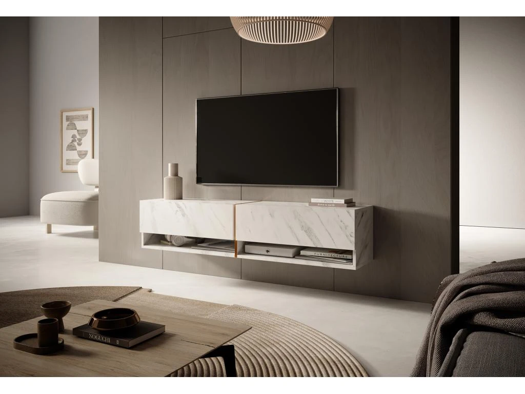 Meuble Tv 140 Cm -marbre Blanc Avec Insert D'or - MIRRGO – Image 2