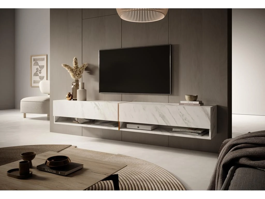Meuble Tv 200 Cm -marbre Blanc Avec Insert D'or - MIRRGO – Image 2