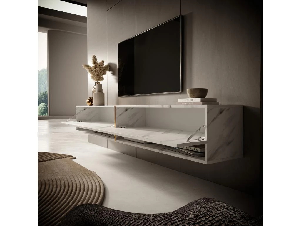 Meuble Tv 200 Cm -marbre Blanc Avec Insert D'or - MIRRGO – Image 3