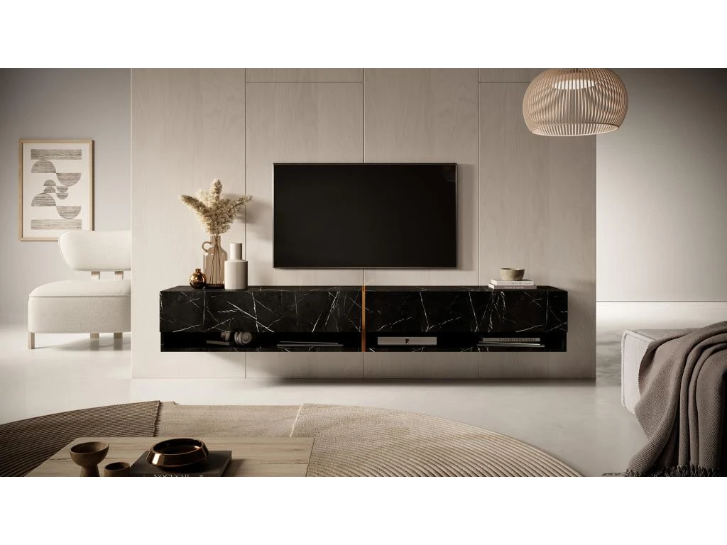 Meuble Tv 200 Cm -marbre Noir Avec Insert D'or - MIRRGO