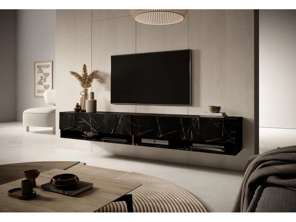 Meuble Tv 200 Cm -marbre Noir Avec Insert D'or - MIRRGO – Image 2
