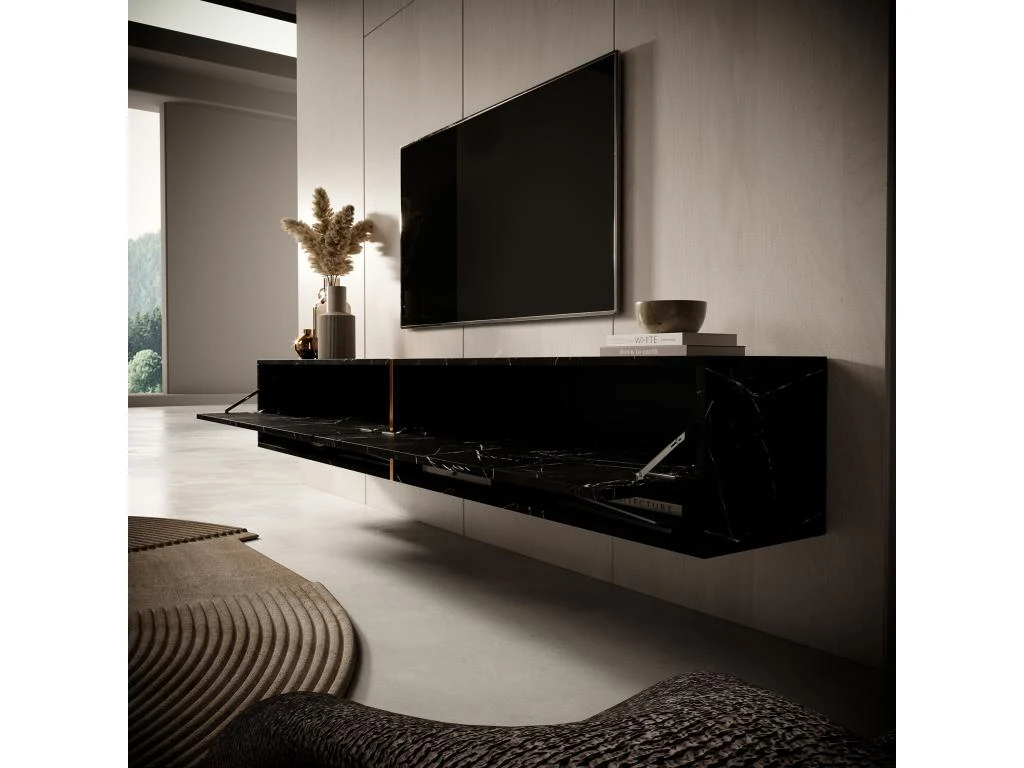 Meuble Tv 200 Cm -marbre Noir Avec Insert D'or - MIRRGO – Image 3