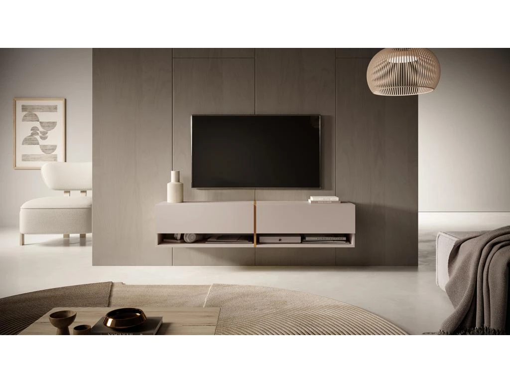 Meuble Tv 140 Cm - Couleur Gris-beige Avec Insert Doré - MIRRGO