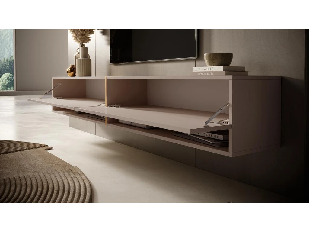 Meuble Tv 200 Cm - Couleur Gris-beige Avec Insert Doré - MIRRGO – Image 3