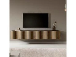Meuble TV 175 Cm - Noir Avec Façade Artisanale Chêne Fraisé - TELIRE