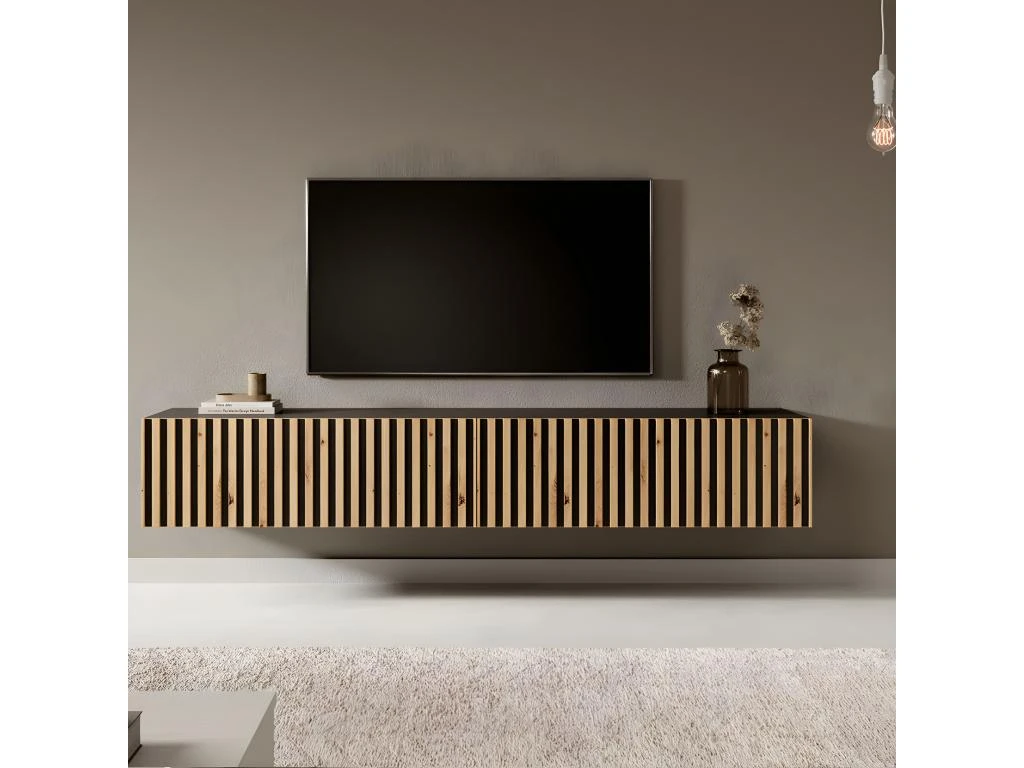 Meuble TV 175 Cm - Noir Avec Façade Artisanale Chêne Fraisé - TELIRE