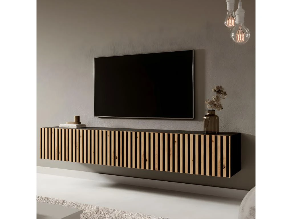 Meuble TV 175 Cm - Noir Avec Façade Artisanale Chêne Fraisé - TELIRE – Image 2