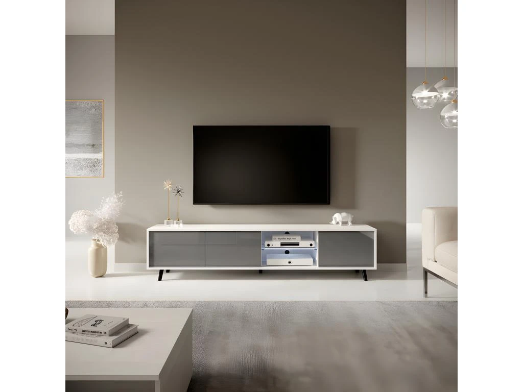 Meuble Tv / Banc Tv - Blanc Mat / Gris Brillant, 175 Cm, éclairage LED - GALHAD