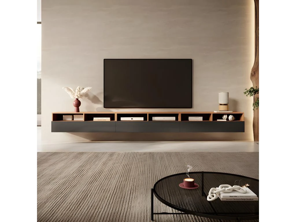 Meuble TV - 3x100 Cm - Chêne Wotan / Noir Brillant - REDNAW