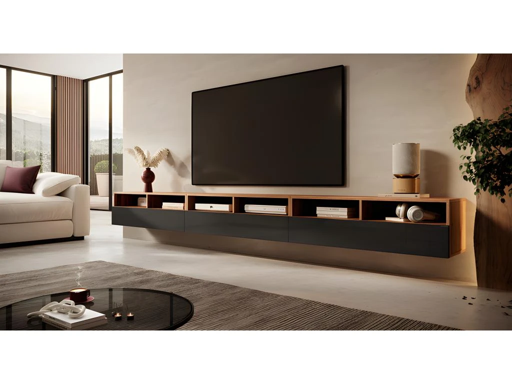 Meuble TV - 3x100 Cm - Chêne Wotan / Noir Brillant - REDNAW – Image 2