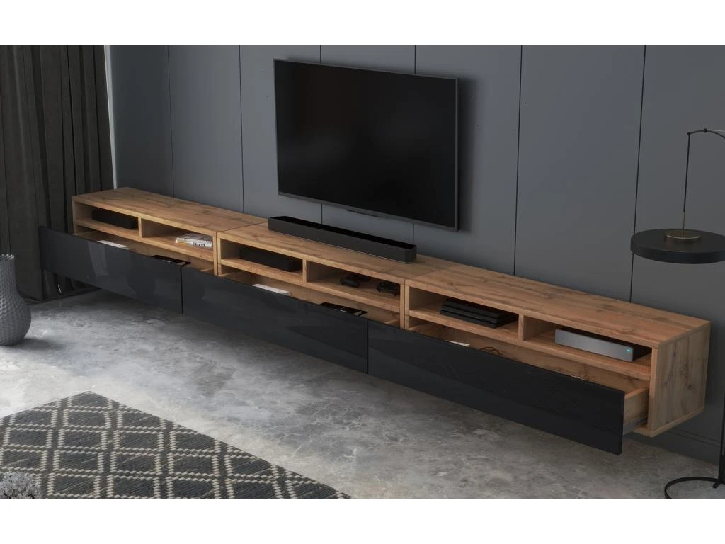 Meuble TV - 3x100 Cm - Chêne Wotan / Noir Brillant - REDNAW – Image 4