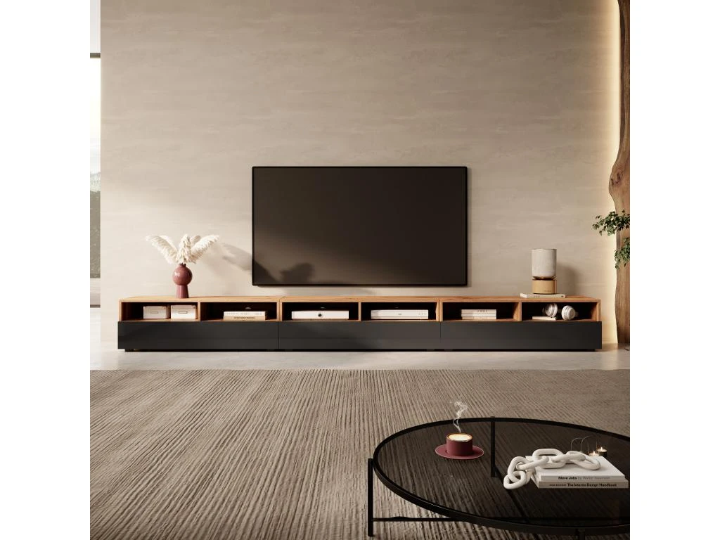 Meuble TV - 3x100 Cm - Chêne Wotan / Noir Brillant - REDNAW – Image 5